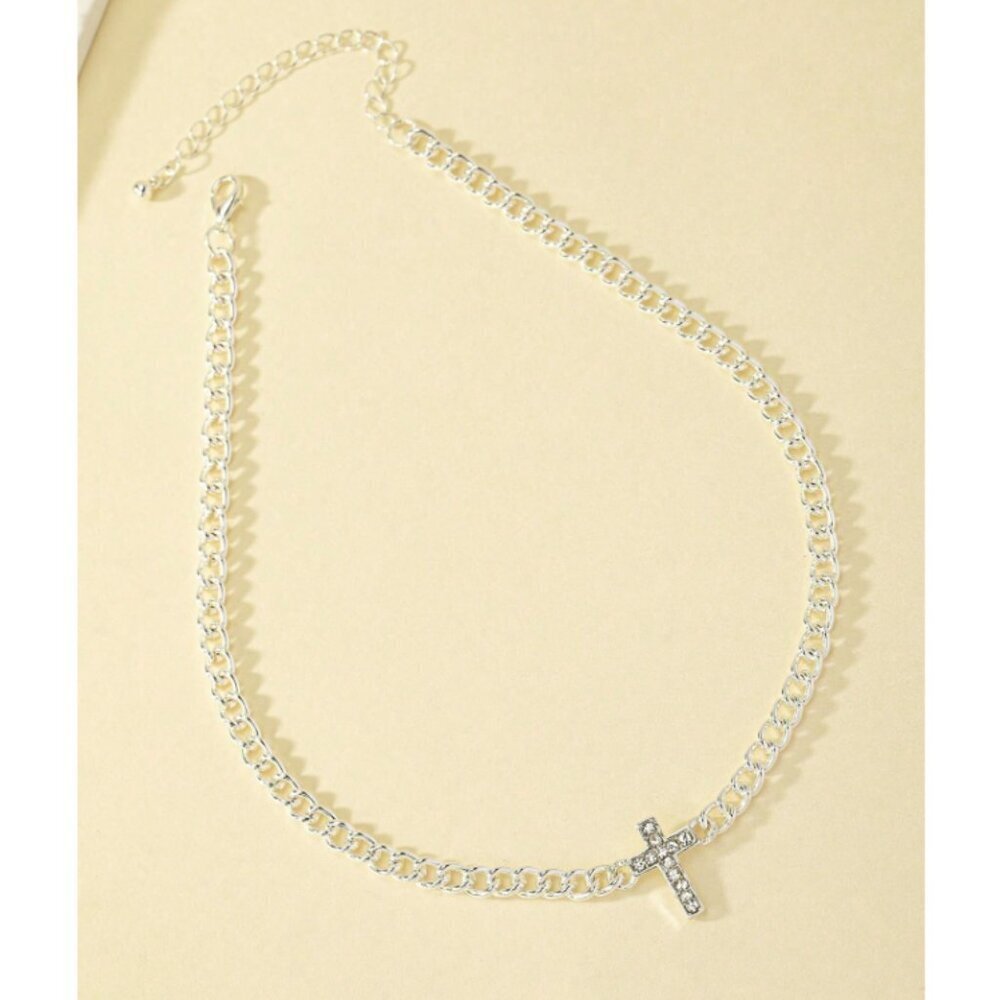 Sterling Silver Cross Pendant Chain Necklace | 15.7" + 2.8" - Picture 2 of 3